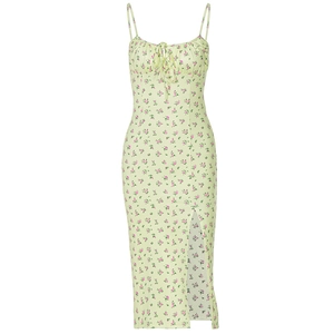 Light green floral midi dress with spaghetti straps and side slit for women