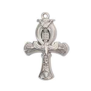 Detailed view of silver stainless steel Ankh cross pendant with Eye of Horus carving
