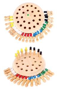 Macro shot of wooden memory chess pieces in six colors and dice on a round game board