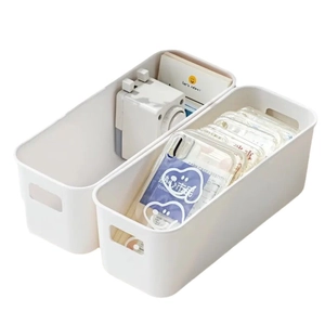 Set of 2 white plastic storage boxes with side handles for desktop organization