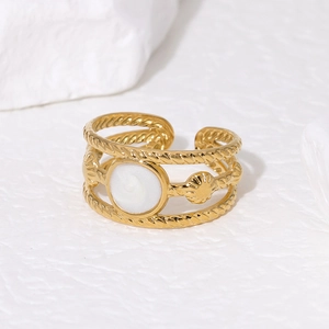 Vintage 18K gold plated titanium steel open ring with triple rope bands and sun motif
