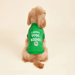 Detail of green dog t-shirt with 'I Give FREE Kisses' print on soft cotton fabric