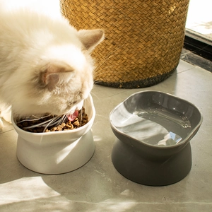 Elevated tilted double pet bowls for dogs and cats with protective neck design in white and grey