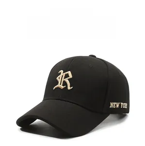 Close-up of golden R letter embroidery and New York text on black baseball cap