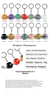 Detailed chart showing 14 types of natural crystal cat paw keychains with specifications