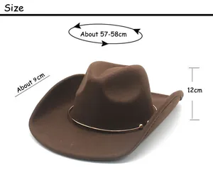 Size chart showing 57-58cm circumference and 9cm brim for the brown western cowboy hat