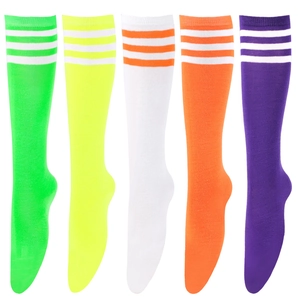 Knee-high athletic socks with three stripes in green, yellow, white, orange, and purple
