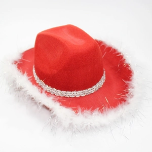 Red western cowboy hat with white faux feather trim and beaded band on white background