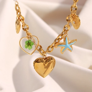 Herz Seestern Kleeblatt Anhänger Halskette Edelstahl Vergoldet Mit Kunstperlen Harz Charm Modeschmuck Damen