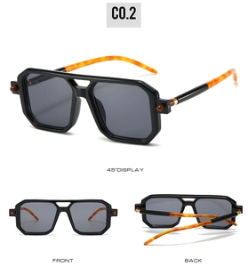 Three-angle view of double-bridge square pilot sunglasses with tortoiseshell temples