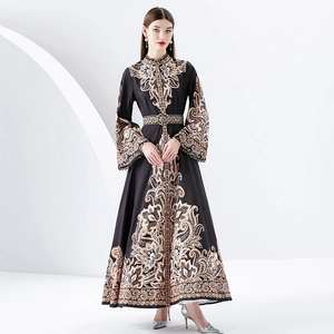 Baroque floral print maxi dress with stand collar and long flared sleeves in black