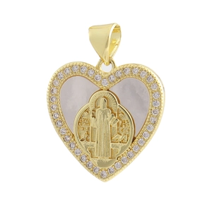Close-up of golden heart pendant with mother of pearl and St. Benedict medal detail