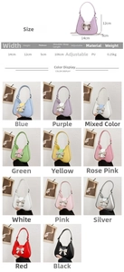 Detailed size chart and multi-color options for mini PU leather crossbody bag with bow