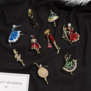 Elegant set of nine ballet dancer brooches with colorful enamel and sparkling rhinestones