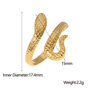 Gold snake-shaped adjustable stainless steel ring with detailed size and weight specs