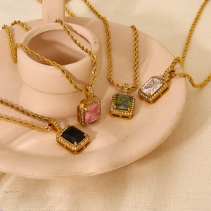 18K gold plated stainless steel twist chain necklaces with colorful zircon pendants