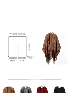 Detailed size chart for striped knit hooded poncho shawl with tassel fringe accents