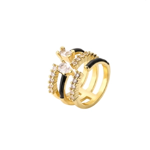 Gold-plated Cuban chain open ring with sparkling zircon stones in a layered design