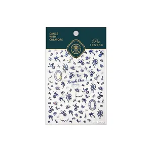 French Chic 3D nail art stickers M-1090 with blue bows and vintage floral patterns