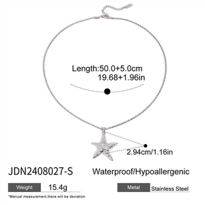 Silver stainless steel starfish pendant necklace with size dimensions and specs