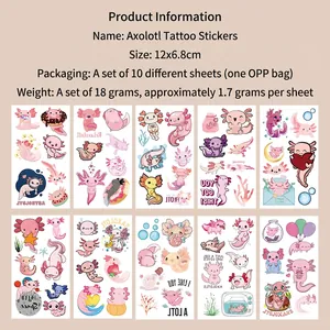 Détail de 10 tatouages temporaires de dessin animé axolotl rose de 12x6,8cm