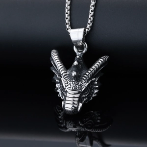 Detailed close-up of a silver dragon head pendant with vintage texture and box chain