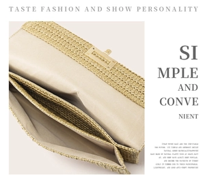 Detailed view of the woven envelope clutch featuring a metal twist lock and dual compartments