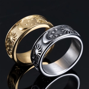 Star and moon celestial rings in gold and silver finish with detailed sun relief engraving