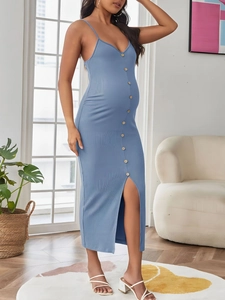 Slim fit maternity maxi dress in blue with buttoned front and side slit detail