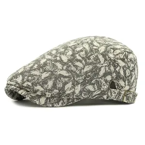 Retro grey and beige leaf jacquard flat cap with an adjustable back strap