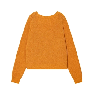 Bright orange long sleeve knit sweater with drop shoulder and ribbed crew neck design