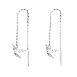 Elegant origami crane drop earrings in silver finish with sparkling crystal tassels