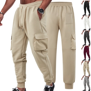 Men Cargo Joggers Waffle Texture Thicken Sweatpants With Pockets Drawstring Waist Casual Sports Pants