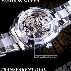 Forsining automatic hollow mechanical watch with silver metal strap and transparent dial