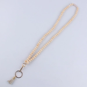 Boho wood bead lanyard with leather tassel and star engraved bead for teacher badge