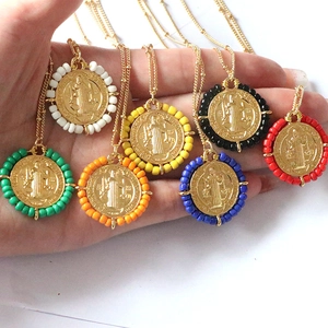 Saint Benedict Medal Pendant Necklace Copper Round Religious Colorful Seed Beads Handmade Vintage Bohemian For Women