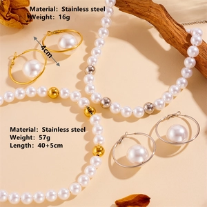 Elegant stainless steel pearl necklace and earrings jewelry set for women fashion