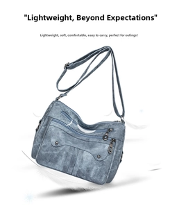 Detail view of lightweight blue vintage crossbody bag with multiple zipper compartments