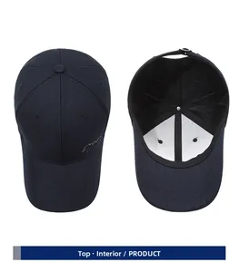 Top and interior view of a navy baseball cap showing peak button and sweatband details