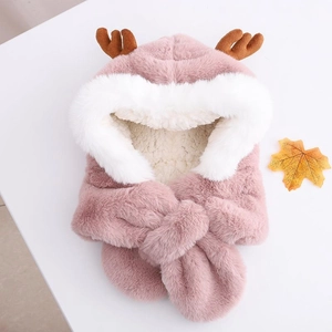 Detail of pink plush baby winter hood scarf with reindeer antlers and maple leaf decor