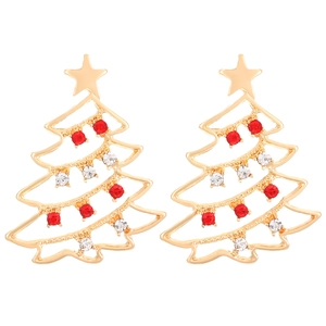 Elegant gold Christmas tree earrings with colorful rhinestones on a white background