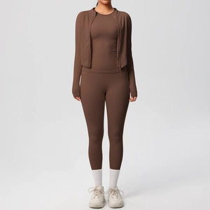 Detail view of chocolate brown yoga set with thumbhole sleeves and zipper jacket