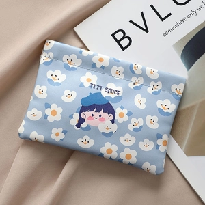 Blue floral cosmetic pouch with cartoon girl print and automatic spring closure