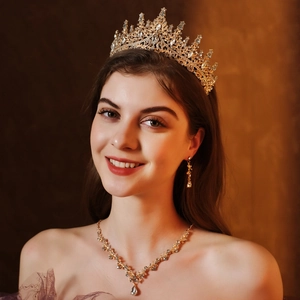 Luxury Baroque Bridal Tiara Necklace And Earrings Gold Silver Alloy Rhinestone Accessories For Wedding Prom Pageant Women