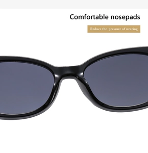 Detail of comfortable nose pads on black cat-eye sunglasses for pressure reduction