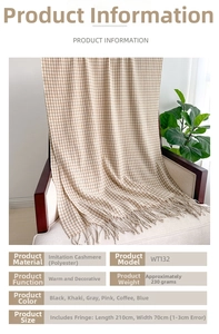 Detailed macro view of houndstock pattern and soft fringe on this beige winter cashmere scarf