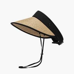 Outdoor foldable straw sun visor with black trim and adjustable wind strap for women