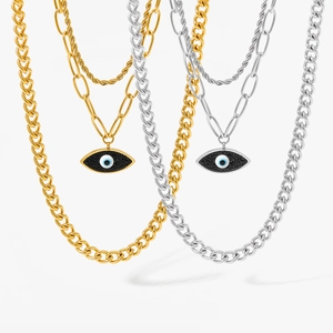 Three-layer stainless steel evil eye pendant necklace with gold and silver link chains