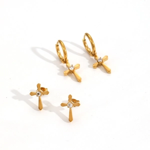 Gold stainless steel cross earrings set with sparkling zircon stones in minimalist style