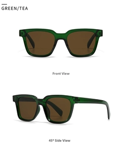 Front and side view of square dark green translucent sunglasses with tea lenses